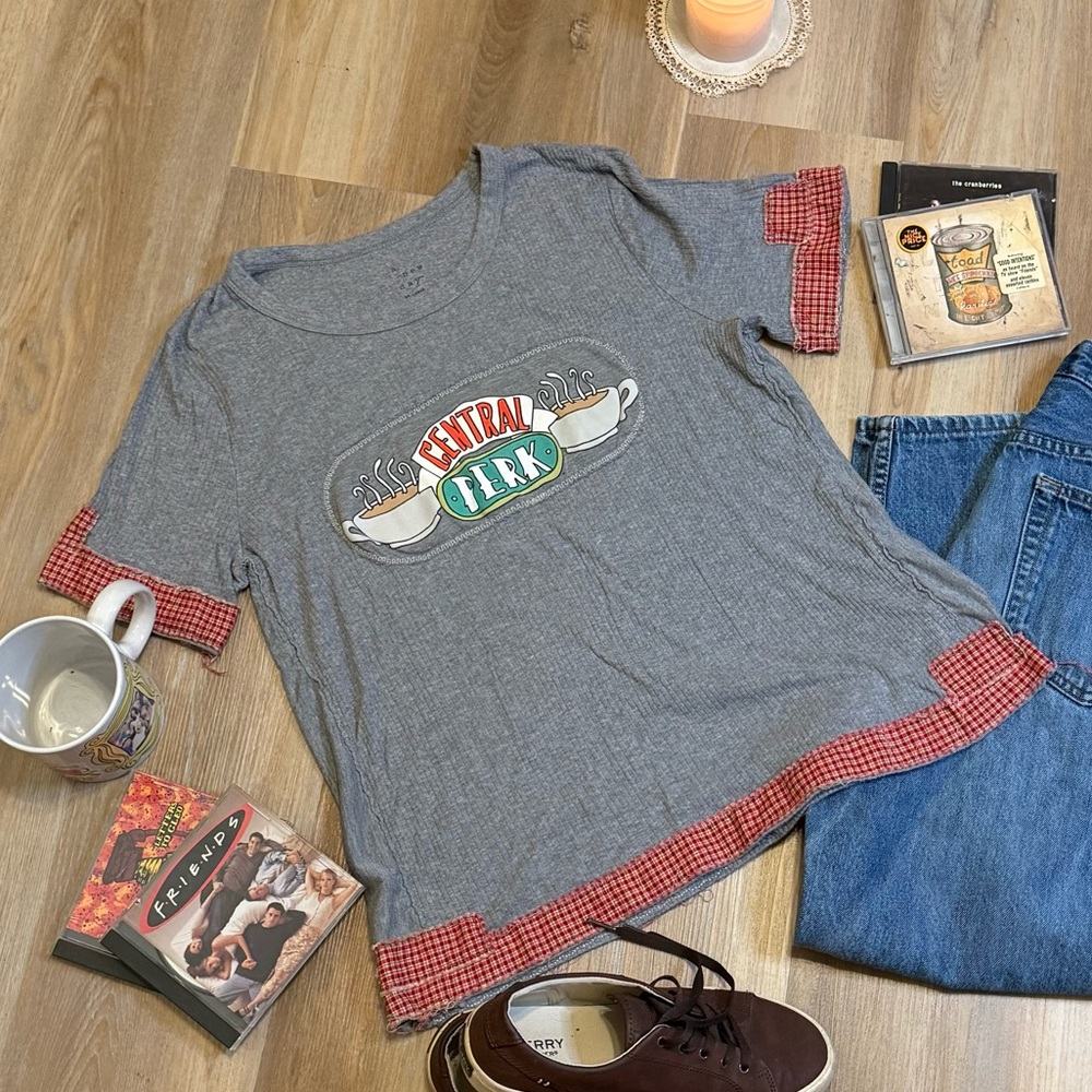 Upcycled Friends Central Perk Tee Plaid Trim Patchwork Gray Top